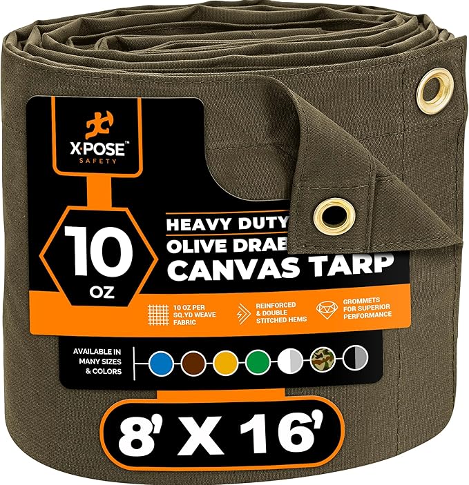 Xpose Safety Canvas Tarp - 10oz Olive Drab Canvas Tarps Heavy Duty Water Resistant with Brass Grommets- Multipurpose Outdoor Tarpaulin for Camping, Canopy, Trailer, Equipment Cover 8' x 16'
