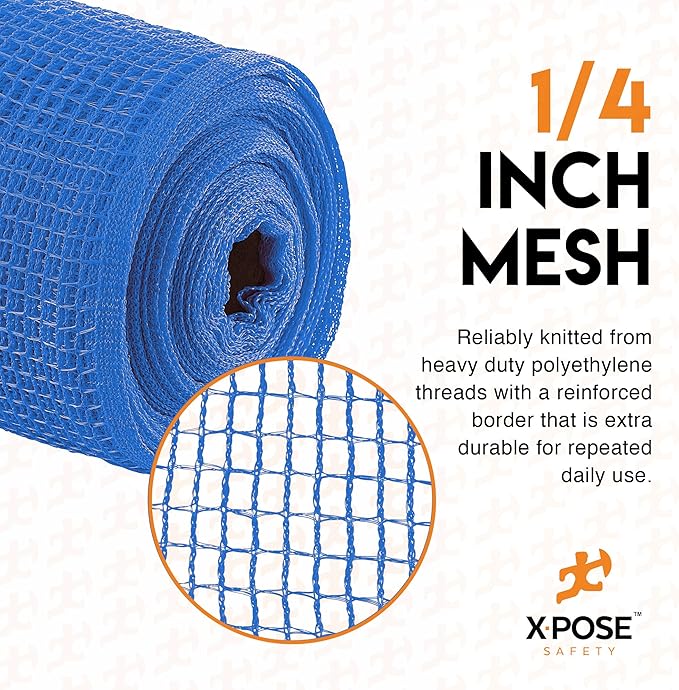 Construction Safety Debris Netting - 150 Ft Temporary Material Roll, 1/4" Mesh Scaffold Net Enclosure, Barricade, Visibility Barrier, Fencing Roll, Heavy Duty Fire Retardant 4 ft x 150 ft, Blue