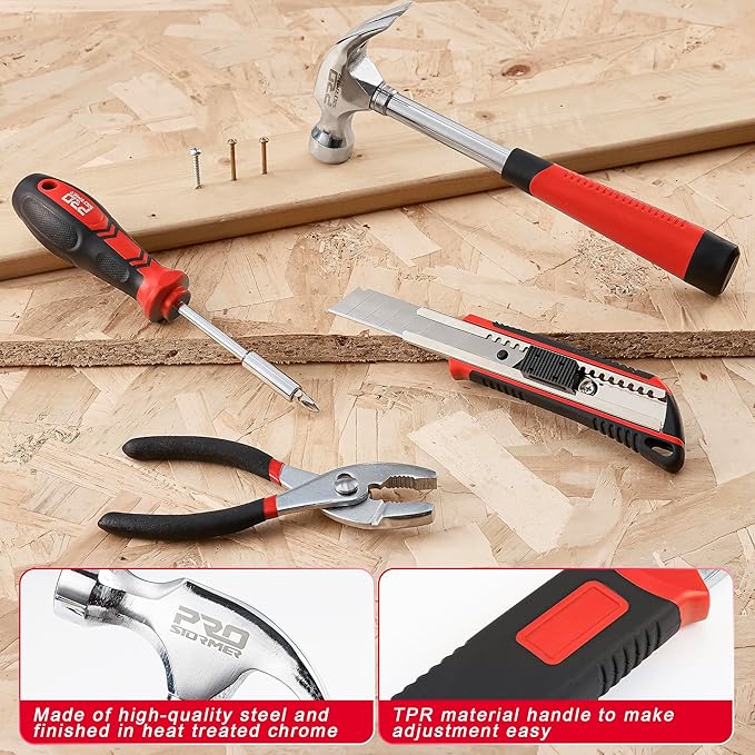 Prostormer 93-Piece Tool Kit, Basic Household Repair Tool Set with Toolbox Storage Case, Small Starter Tool Box Kit for Homeowners and College Students (Red)