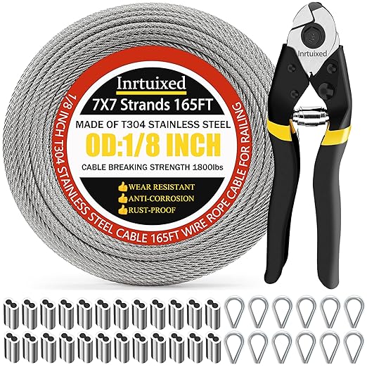 Intrux 1/8" Steel Cable Kit, 165FT, 7x7 Strand Core Metal Wire for Garden & Deck Railing (38, 165FT)