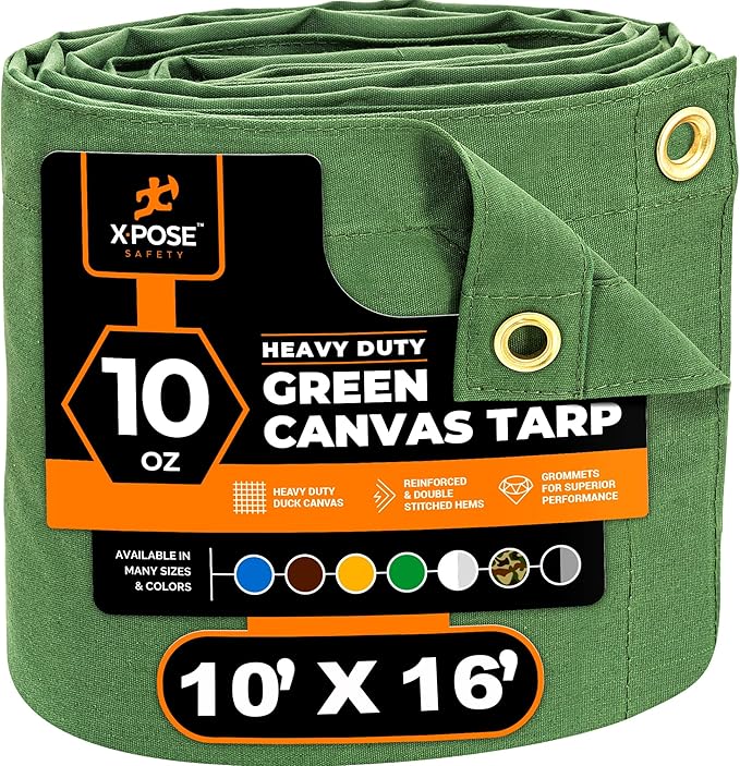 Xpose Safety Canvas Tarp - 10oz Green Canvas Tarps Heavy Duty Water Resistant with Brass Grommets- Multipurpose Outdoor Tarpaulin for Camping, Canopy, Trailer, Equipment Cover 10' x 16'