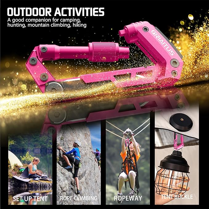 Multitool Carabiner with Pocket Knives, EDC Carabiners, Folding Serrated Knife, Can Bottle Opener, Rope Cutter, Screwdriver, Keychain Knife for Camping Hiking, Gifts for Women/Men (Pink)