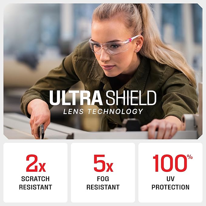 NoCry Safety Glasses with Clear Anti Fog Scratch Resistant Wrap-Around Lenses and No-Slip Grips, UV Protection. Adjustable, White & Red Frames (10 pack)