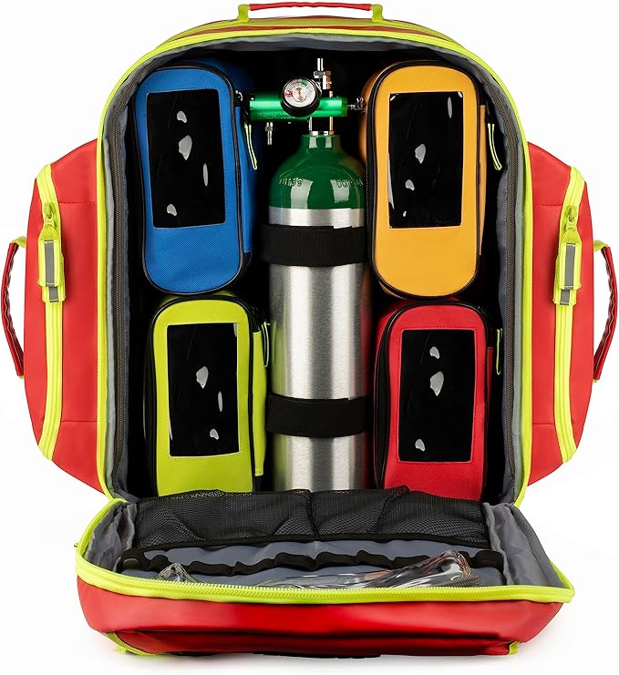 Scherber Fully-Stocked Premium First Responder Backpack | EMT/EMS Medic Trauma, Bleeding & Oxygen Medical Kit | CAT Tourniquet, QuikClot 4x4, HyFin Chest Seal & 250+ First Aid Supplies - Red