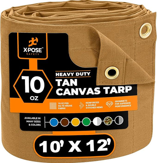 Xpose Safety Canvas Tarp - 10oz Tan Canvas Tarps Heavy Duty Water Resistant with Brass Grommets- Multipurpose Outdoor Tarpaulin for Camping, Canopy, Trailer, Equipment Cover 10' x 12'