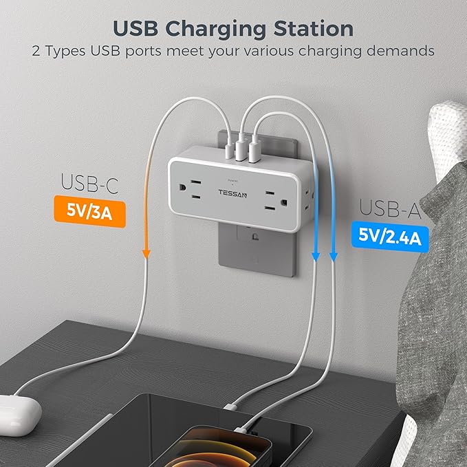 Multi Plug Outlet Splitter, TESSAN 4 Wall Outlet Extender with 3 USB Wall Charger(1 USB C), Surge Protecter 900J, Widely Spaced Multiple Plug Expander