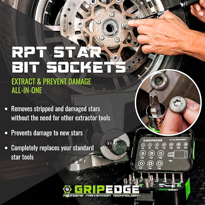 GRIPEDGE Tools | 9PC RPT Star Driver Set | Sizes T6 - T40 | 1/4'' Drive | Made With S2 Steel | Includes Premium Aluminum Socket Rail |