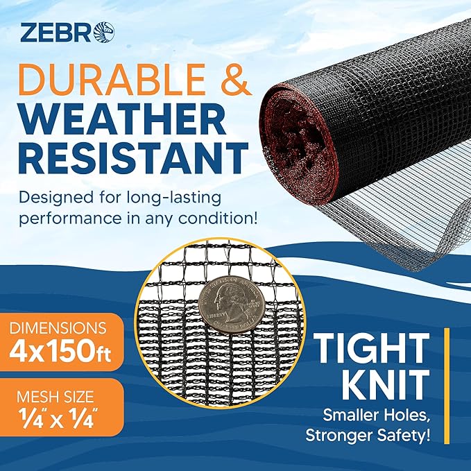 Fire Retardant Debris Safety Netting (4' x 150' - Black) - High Visibility Construction & Scaffolding & Railing & Elevator Netting for Enhanced Safety - Construction Fencing