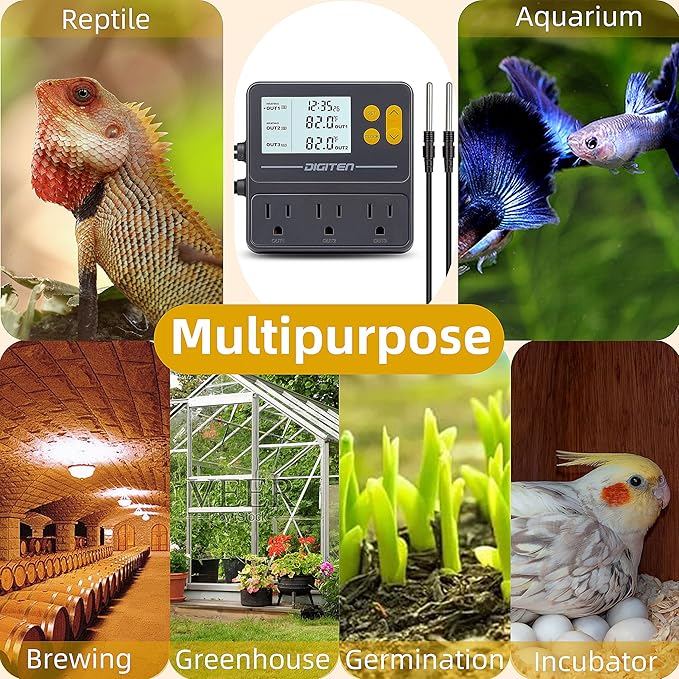 DIGITEN Reptile Temperature Controller with Timer Day-Night,3-Stage Outlet Thermostat Cooling Heating Mode Temperature Controlled for Ball Pythons,Mushroom,Fermentation,Bearded Dragon