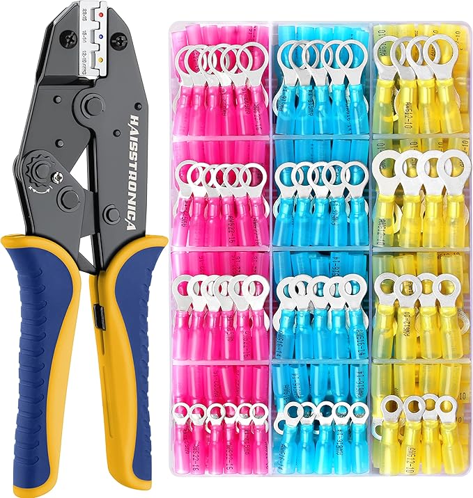 haisstronica Crimping Tool for Heat Shrink Connectors with 260PCS Marine Grade Heat Shrink Ring Connectors of Tinned Red Copper AWG 22-10