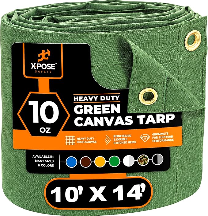 Xpose Safety Canvas Tarp - 10oz Green Canvas Tarps Heavy Duty Water Resistant with Brass Grommets- Multipurpose Outdoor Tarpaulin for Camping, Canopy, Trailer, Equipment Cover 10' x 14'