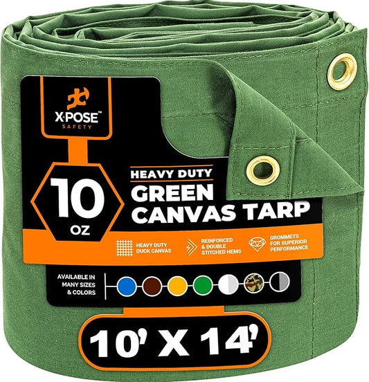 Xpose Safety Canvas Tarp - 10oz Green Canvas Tarps Heavy Duty Water Resistant with Brass Grommets- Multipurpose Outdoor Tarpaulin for Camping, Canopy, Trailer, Equipment Cover 10' x 14'