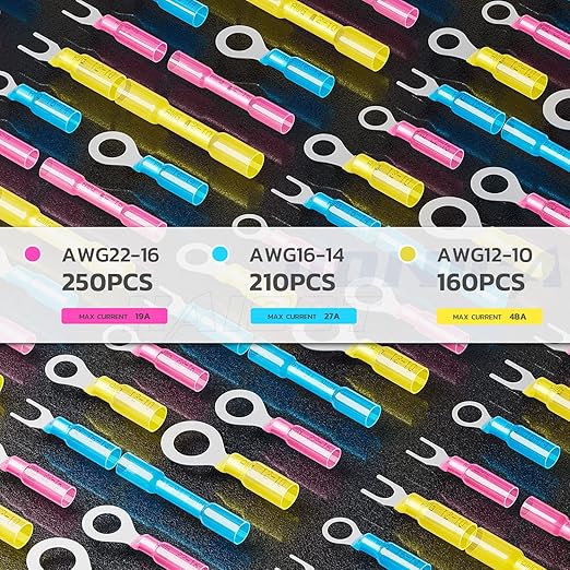haisstronica 620PCS Marine Grade Heat Shrink Wire Butt Connectors kit,22-10 AWG Tinned Red Copper Electrical Wire Connectors,Ring Fork Spade Butt Splice(3Colors/24Size)