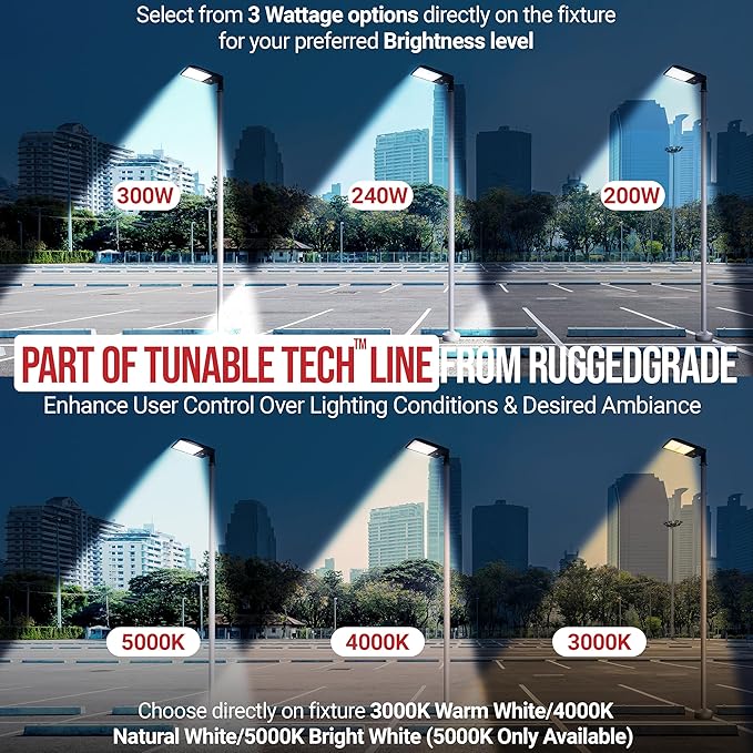 RuggedGrade 300W - NextGen IV Series LED Shoebox Light - Color Selectable 30K/40K/50K - Arm Mount - Black