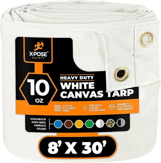Xpose Safety Canvas Tarp - 10oz White Canvas Tarps Heavy Duty Water Resistant with Brass Grommets- Multipurpose Outdoor Tarpaulin for Camping, Canopy, Trailer, Equipment Cover 8' x 30'