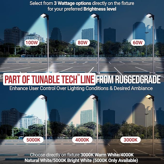 RuggedGrade 100W - NextGen IV Series LED Parking Lot Lights with Photocell - Color Selectable 30K/40K/50K - Slip Fit - Black