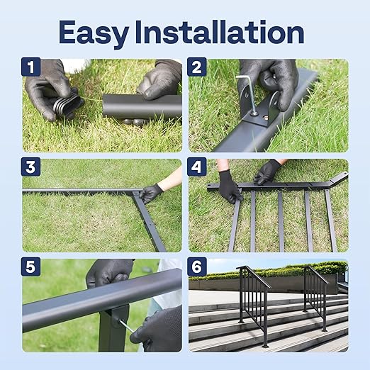 VIVOHOME 2-Pack 3 Step Galvanized Steel Hand Rails for Outdoor Steps – Black Oval and Safety Balusters Exterior Railing for Porch, Deck, or Indoor Stairs, Complete Installation Kit