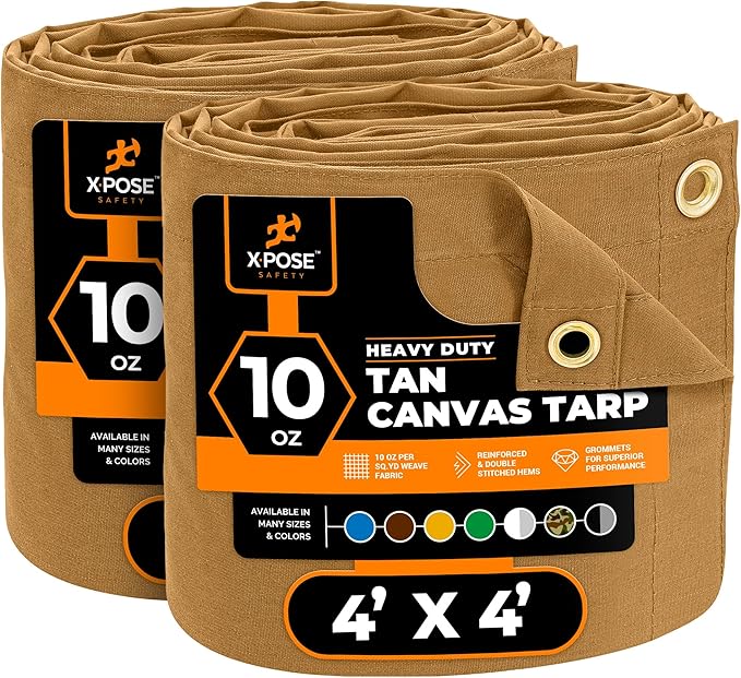 Xpose Safety Canvas Tarp - 10oz Tan Canvas Tarps Heavy Duty Water Resistant with Brass Grommets- Multipurpose Outdoor Tarpaulin for Camping, Canopy, Trailer, Equipment Cover 4' x 4' (2 Pack)