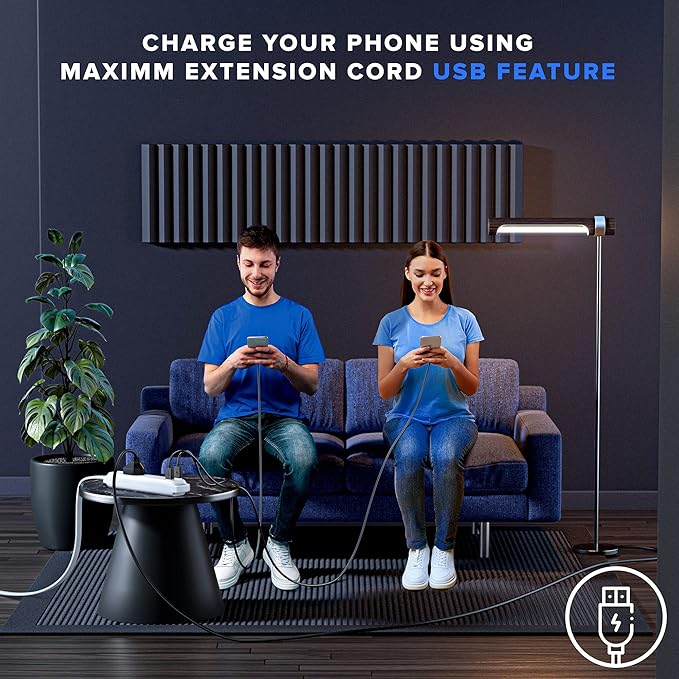 Extension Cord with USB Ports 12FT, 360° Rotating Flat Plug Extension Cord, 3-Outlet with USB Ports (2 Ports), 3 Prong Extension Cord, Grounded Extension Cord (White) UL Certified