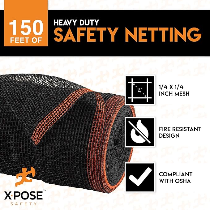 Construction Safety Debris Netting - 150 Ft Temporary Material Roll, 1/4" Mesh Scaffold Net Enclosure, Barricade, Visibility Barrier, Fencing Roll, Heavy Duty Fire Retardant 5.5 ft x 150 ft, Black