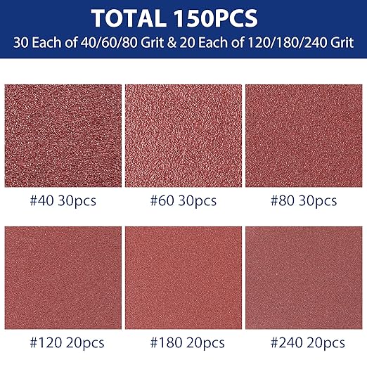 WORKPRO 150PCS Triangle Sanding Pads, 3-1/8 Inch Hook and Loop Fit for Oscillating Multi Tool, 40/60/80/120/180/240 Grit for Sanding, Grinding