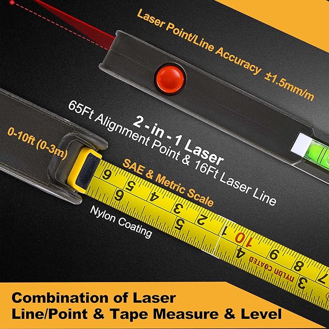 PREXISO 4-in-1 Line Laser Level Multipurpose Torpedo Level, 65Ft Alignment Point & 16Ft Laser Line & 10Ft Measure Tape Ruler & Quick Angle Setting for Hanging Picture Wall Marking Home Renovation