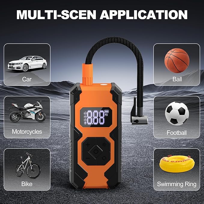 Tire Inflator Portable Air Compressor,3X Faster Portable Air Pump for Car Tires with 7800mAh Battery,150PSI Cordless Air Pump with Digital Pressure Gauge for Cars,Bike &Motorcycle,Black+Orange