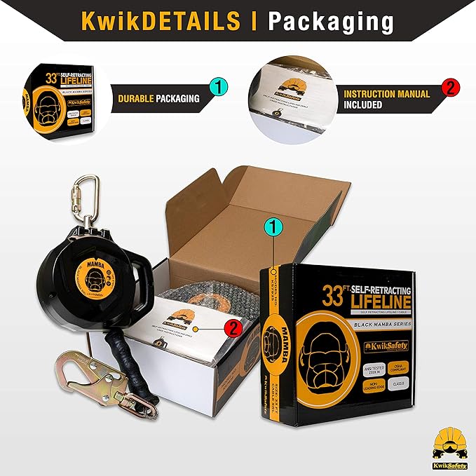 KwikSafety - Charlotte, NC - Mamba 33’ Self Retracting Lifeline [Carbonate + Integrated Handle] Class 1 Cable SRL ANSI OSHA Retractable Fall Arrest Safety Roofing Construction Gear