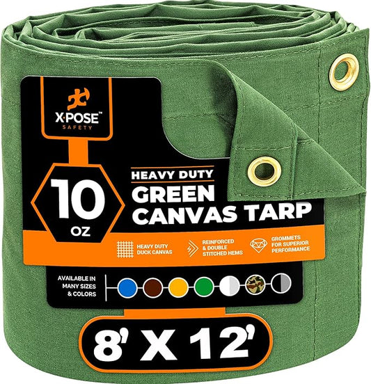 Xpose Safety Canvas Tarp - 10oz Green Canvas Tarps Heavy Duty Water Resistant with Brass Grommets- Multipurpose Outdoor Tarpaulin for Camping, Canopy, Trailer, Equipment Cover 8' x 12'