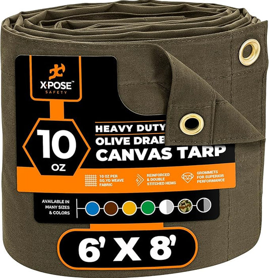 Xpose Safety Canvas Tarp - 10oz Olive Drab Canvas Tarps Heavy Duty Water Resistant with Brass Grommets- Multipurpose Outdoor Tarpaulin for Camping, Canopy, Trailer, Equipment Cover 6' x 8'