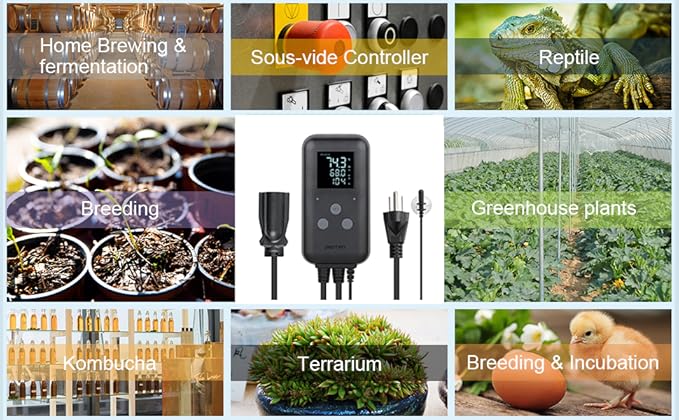 Greenhouse Temperature Controller Digital Waterproof Thermostat for Home Brewing, Fermentation, Breeding, Incubation, Terrarium, Heating & Cooling, 110V 10A 1100W