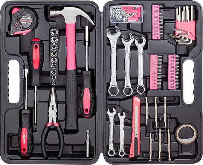 Cartman 148Piece Tool Set General Household Hand Tool Kit with Plastic Toolbox Storage Case Pink