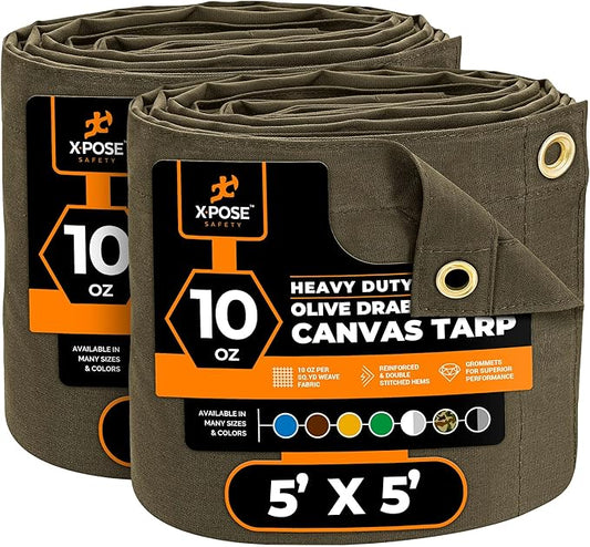 Xpose Safety Canvas Tarp - 10oz Olive Drab Canvas Tarps Heavy Duty Water Resistant with Brass Grommets- Multipurpose Outdoor Tarpaulin for Camping, Canopy, Trailer, Equipment Cover 5' x 5' (2 Pack)
