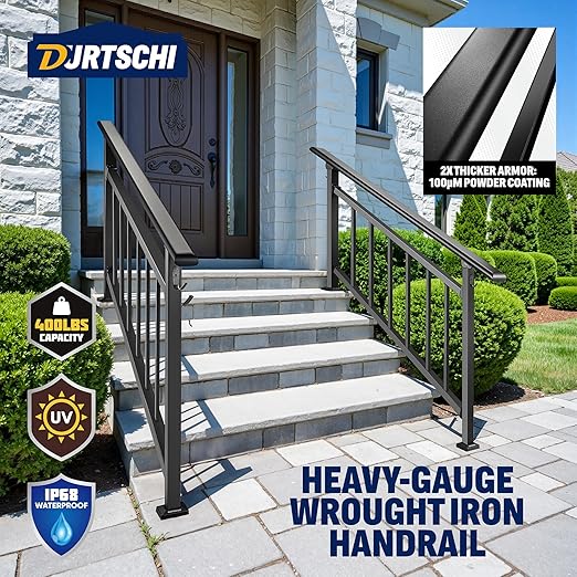 Updated Handrails for Outdoor Steps, 4-5 Steps Wrought Iron Stair Railing with Fence, Flexible Exterior Hand Railing for Concrete or Wooden Stairs, Black Transitional Handrails with Installation Kit