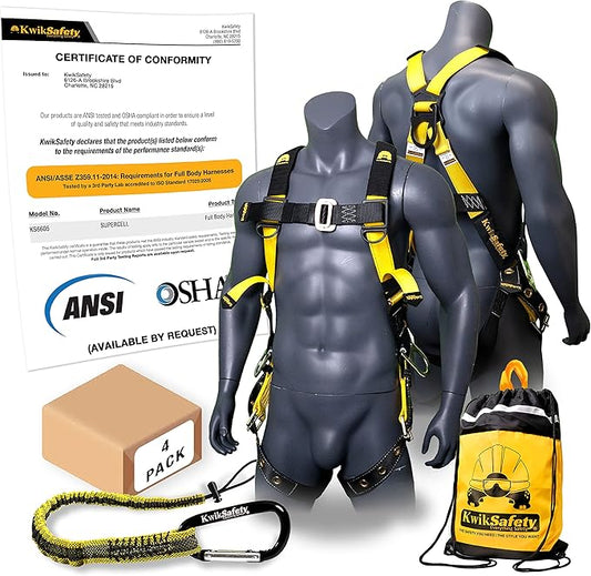 KwikSafety - Charlotte, NC - SUPERCELL Safety Harness [4 PACK] Premium Shoulder Padding ANSI OSHA Full Body Fall Protection Work Equipmen | Construction Tower Climbing Roofing