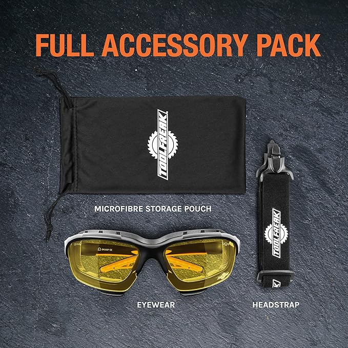 ToolFreak Spoggles Safety Glasses HD Yellow Polycarbonate Lens, Impact Protection, Foam Padded, ANSI Z87 Rated, Head Strap and Carry Pouch
