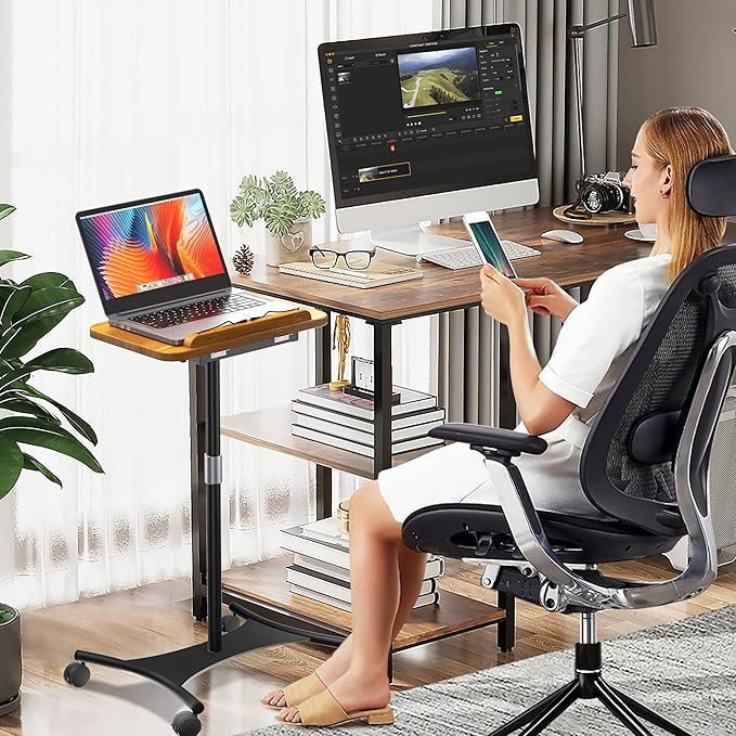 NAMON Laptop Floor Stand with Wheels - 2 in 1 Dual-use Floor & Desk Stand, Solid Wood and Height Adjustable from 16.5" to 51", Stable Small Standing Desk for Office, Home, Study