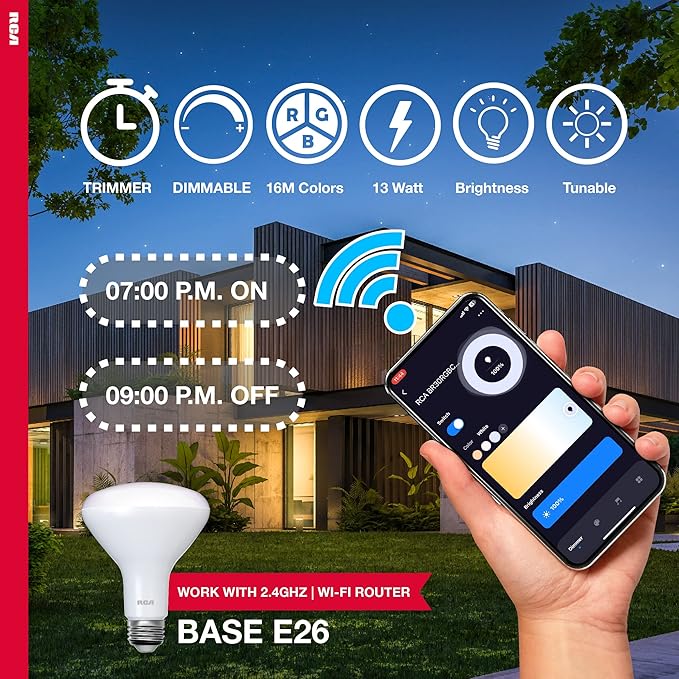 RCA Dimmable Smart Light Bulbs, BR30 WiFi LED Light Bulb, Indoor Flood LED Bulbs, 9W (60W Eq), 2700K Soft White, 720 Lumens, E26 Base, Voice Activated Lights, Google & Alexa Light Bulb, 2-Pack