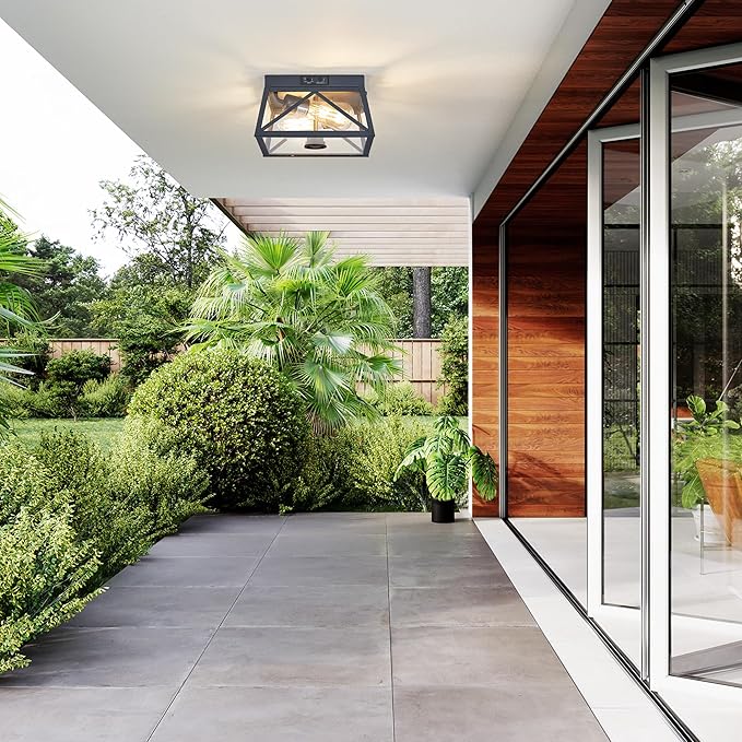 Adjustable Outdoor Motion Sensor Ceiling Light,10" Modern Industrial Design of Squares Flush Mount 2-Light with Clear Glass for Your Porch,Garage,Patio,Hallway,Entryway