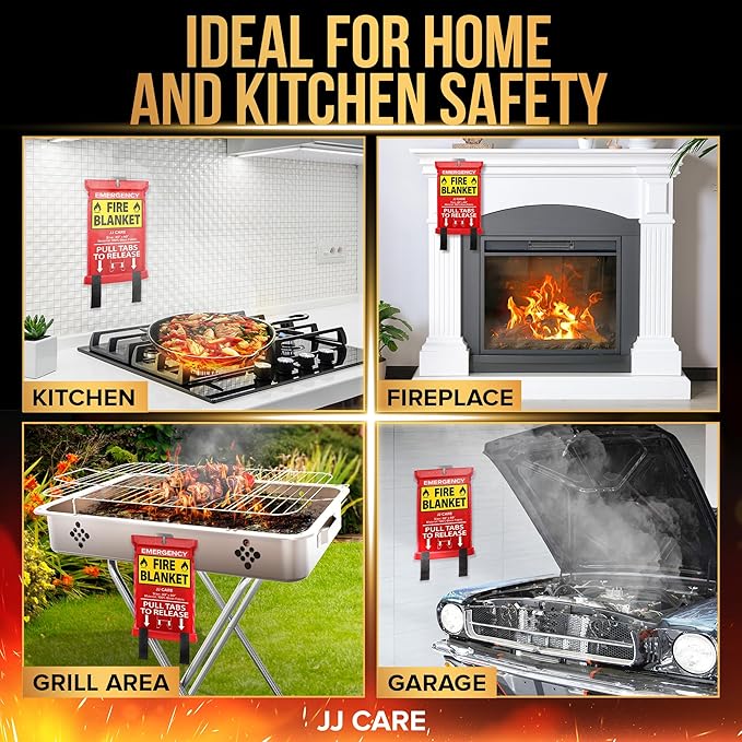 JJ CARE Fire Blanket – 10 Packs with Hooks and Gloves – Emergency Fire Blanket for Home & Kitchen, High Heat Resistant Fire Suppression Blankets for Home Safety, Kitchen, and Camping