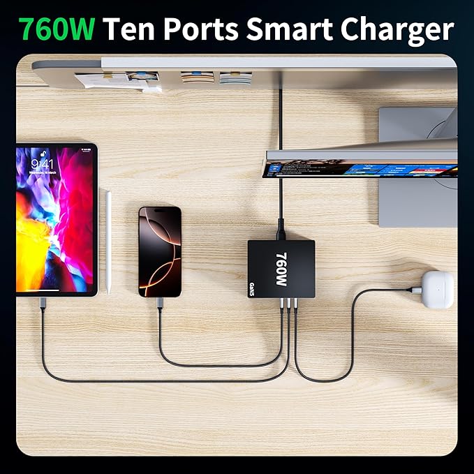 760W USB C Charger Block, 10 Port Fast Charging Station Hub Brick PD 100W MacBook Charger Compatible with iPhone 16 15/14/13/Pro DELL HP MacBook Pro/Air/All iPad Max/Samsung Galaxy Note