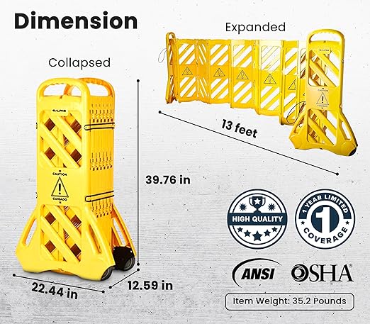 Alpine Commercial Safety Barriers, 13 Foot Expandable Mobile Barricade System - Folding Portable Barrier, Traffic Barricade Fence, Plastic Barricade for Construction, Traffic Control, Driveway Gate