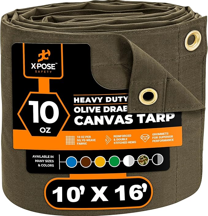 Xpose Safety Canvas Tarp - 10oz Olive Drab Canvas Tarps Heavy Duty Water Resistant with Brass Grommets- Multipurpose Outdoor Tarpaulin for Camping, Canopy, Trailer, Equipment Cover 10' x 16'
