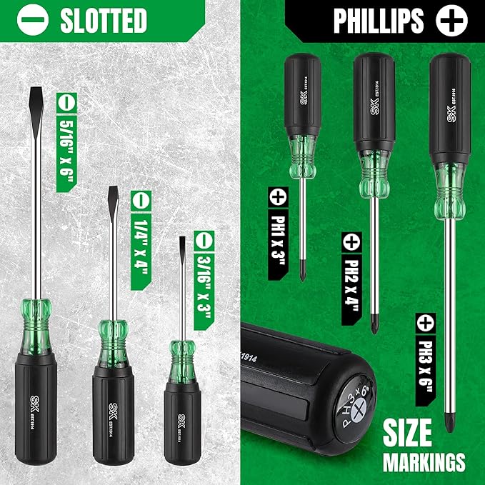 SK 6-Piece Acetate Screwdriver Set, S2 Steel, 3 Slotted & 3 Phillips Screwdrivers, SureGrip Handle