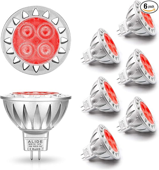ALIDE Red MR16 GU5.3 Led Bulbs 5W,20W 35W 50W Halogen Equivalent,12V Low Voltage MR16 Led Red Bulb Spotlights for Outdoor Landscape Yard Garden Tree Pool Holiday Lighting,Not Dimmable,38 Deg,6 Pack