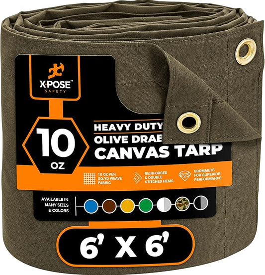 Xpose Safety Canvas Tarp - 10oz Olive Drab Canvas Tarps Heavy Duty Water Resistant with Brass Grommets- Multipurpose Outdoor Tarpaulin for Camping, Canopy, Trailer, Equipment Cover 6' x 6'