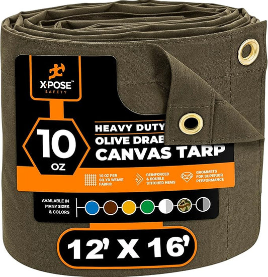 Xpose Safety Canvas Tarp - 10oz Olive Drab Canvas Tarps Heavy Duty Water Resistant with Brass Grommets- Multipurpose Outdoor Tarpaulin for Camping, Canopy, Trailer, Equipment Cover 12' x 16'