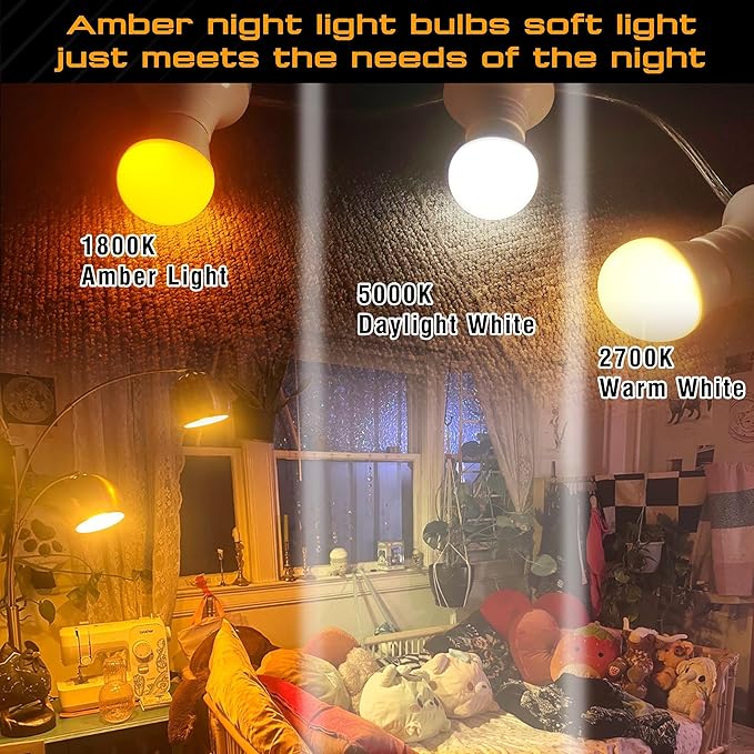 Amber Sleep Light Bulb, Blue Light Blocking, 1800K Warm Light Bulb 25-40W Equivalent, 3W Mood Soothing Night Light, E26 Dim Light Bulbs for Healthy Sleep Therapy, Bedroom, Nursery, Non-Dimmable, 2pack