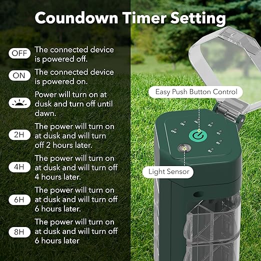 HBN Outdoor Power Strip Timer with Photocell, Countdown Yard Stake(2, 4, 6, 8 Hour),Outside Lights Timer Dusk to Dawn,Weatherproof Extension Cord for Halloween/Christmas Decoration Lights, 6 Outlets