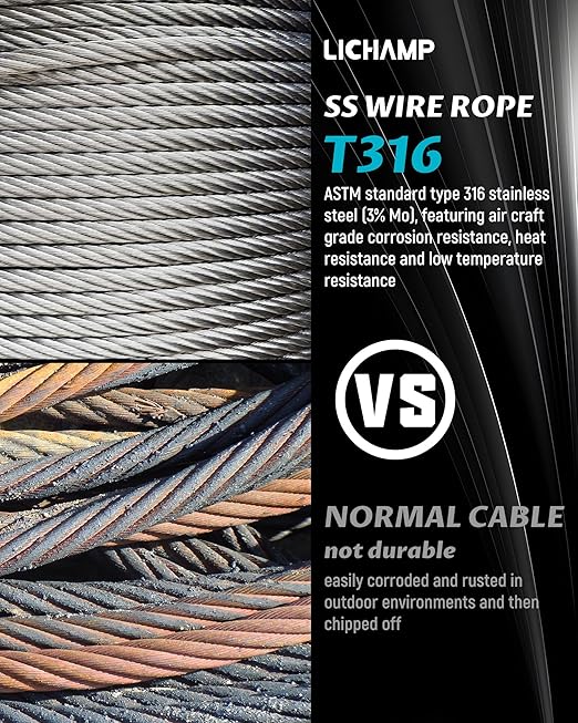 Lichamp 650FT 1/8" Stainless Steel Wire Rope Cable, Aircraft 316 SS Braided Steel Wire Thin Metal Cable Hardware for Deck Railing Handrail Safety System, SSC650